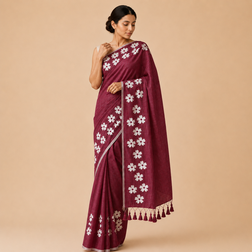 Maroon Small Daisy Flower Border Hand Painted Mul Cotton Saree - Without Blouse