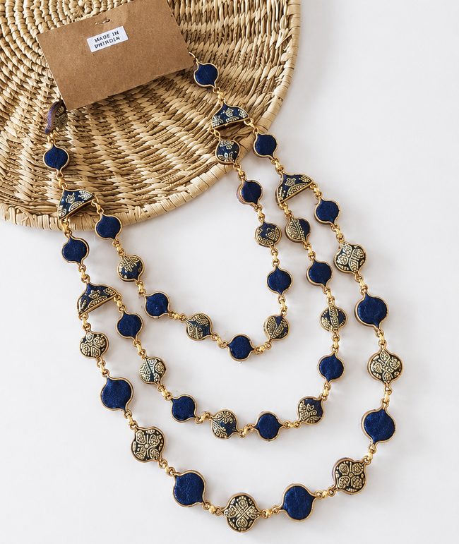 WHE layered Festive Repurposed Fabric and Wood Necklace
