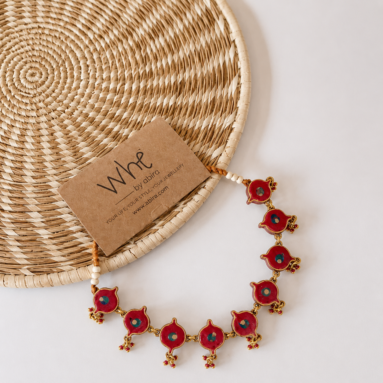 WHE Red Ajrak Festive Repurposed Fabric and Wood Choker