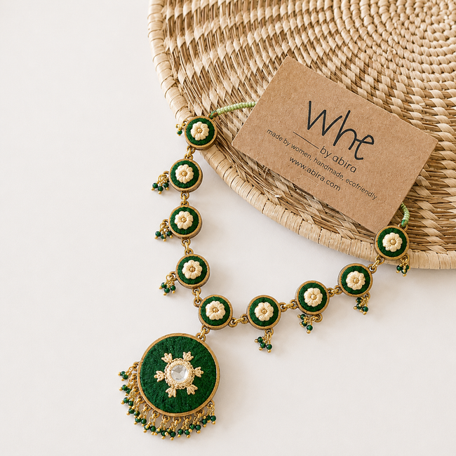 WHE Green Embroidered Festive Repurposed Fabric and Wood Choker