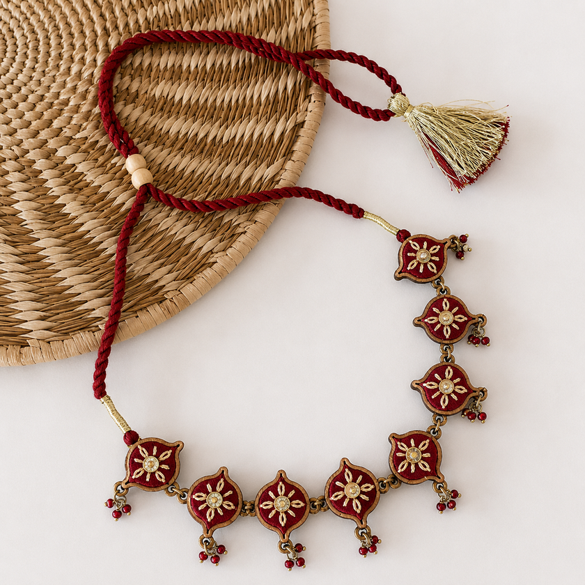 WHE Maroon Embroidered Festive Repurposed Fabric and Wood Choker