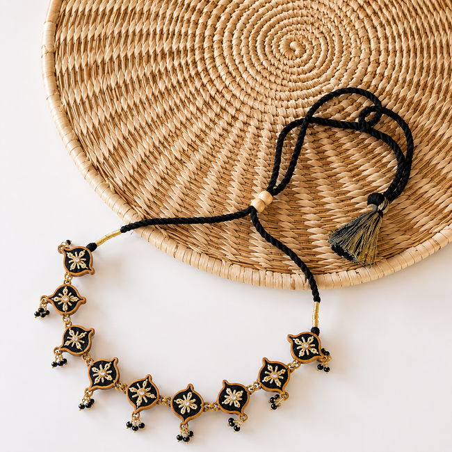 WHE Black Embroidered Festive Repurposed Fabric and Wood Choker