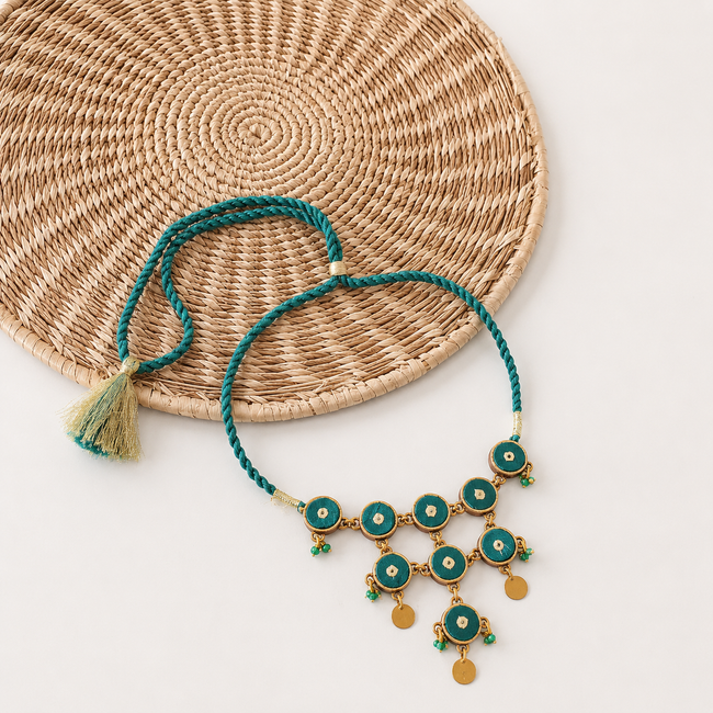 WHE Blue Bhandhini Festive Repurposed Fabric and Wood Choker