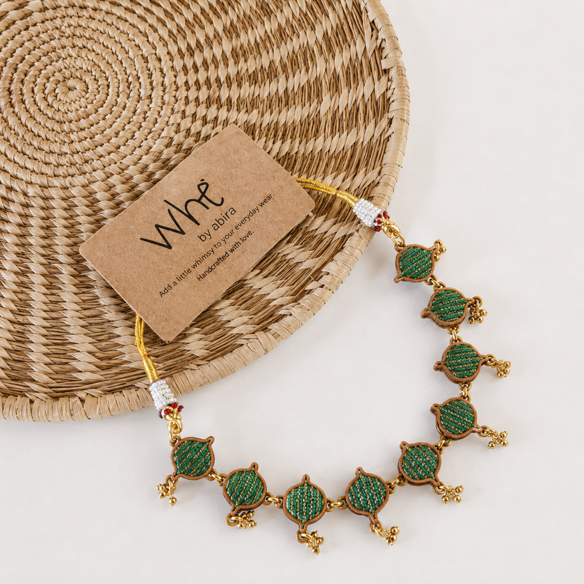 WHE Green Brocade Festive Repurposed Fabric and Wood Choker