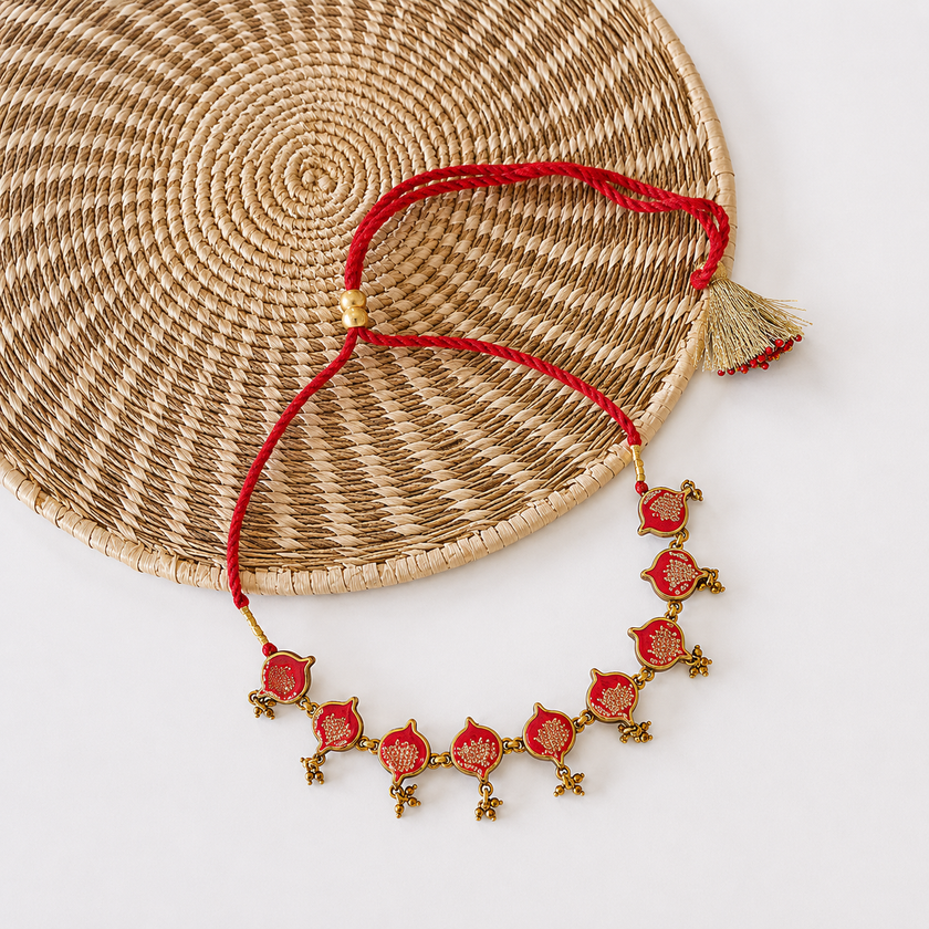 WHE Red Brocade Festive Repurposed Fabric and Wood Choker