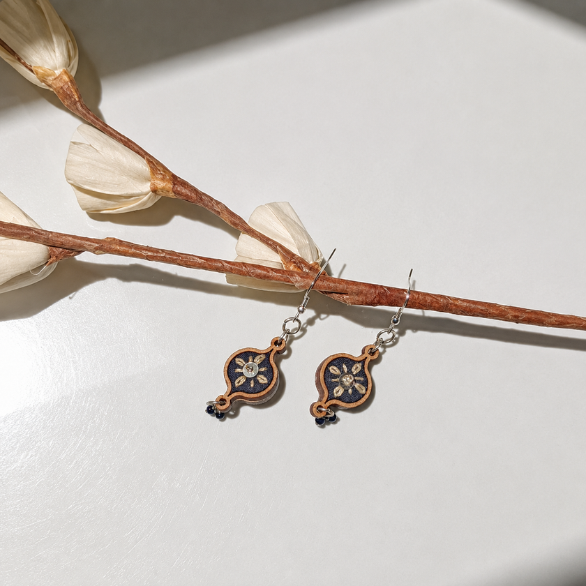 WHE Black Embroidered Festive Repurposed Fabric and Wood Earrings