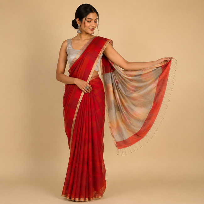 Red White Cotton Silk Maheshwari Handloom Saree