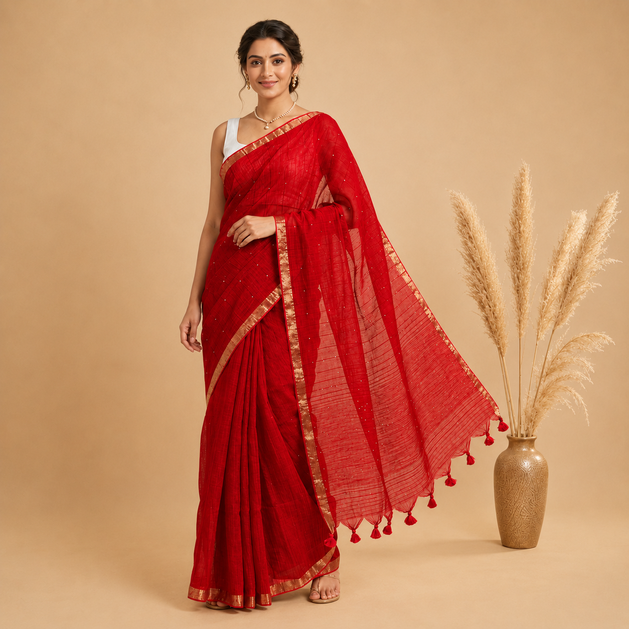 Red Handloom Sequins Jamdani Mul Cotton Saree