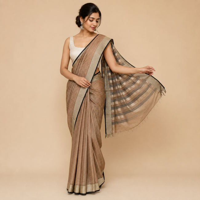 Brown Maheshwari Handloom Cotton Silk Saree with Stripes