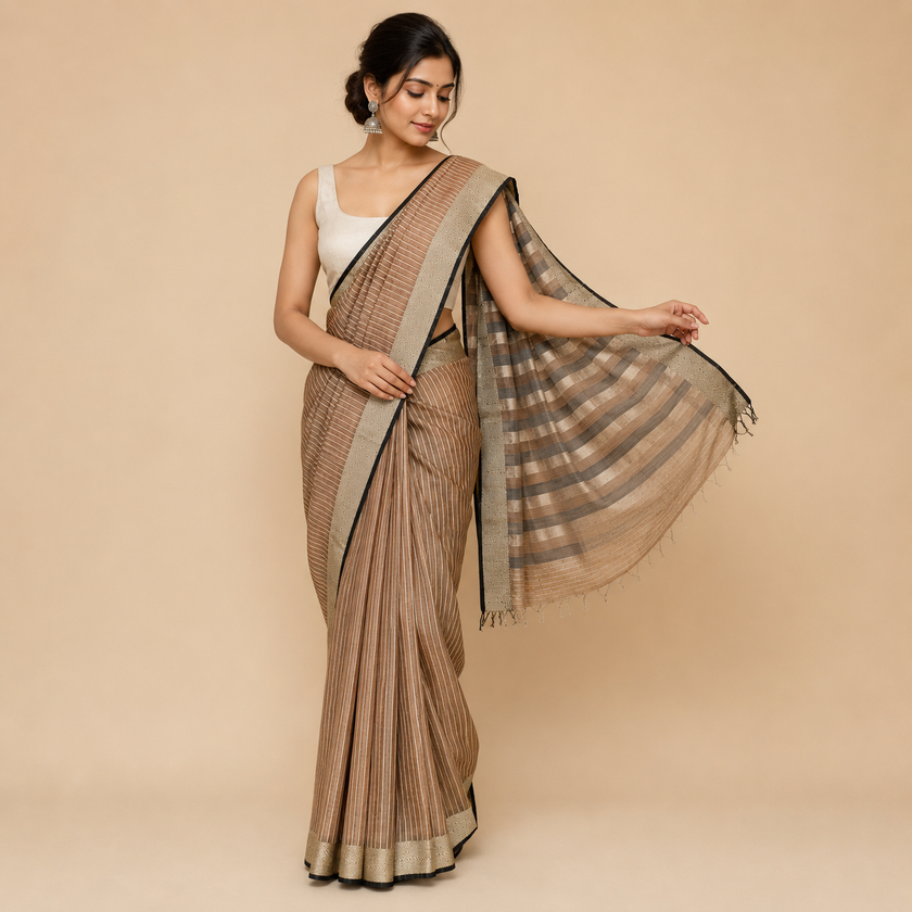 Brown Maheshwari Handloom Cotton Silk Saree with Stripes