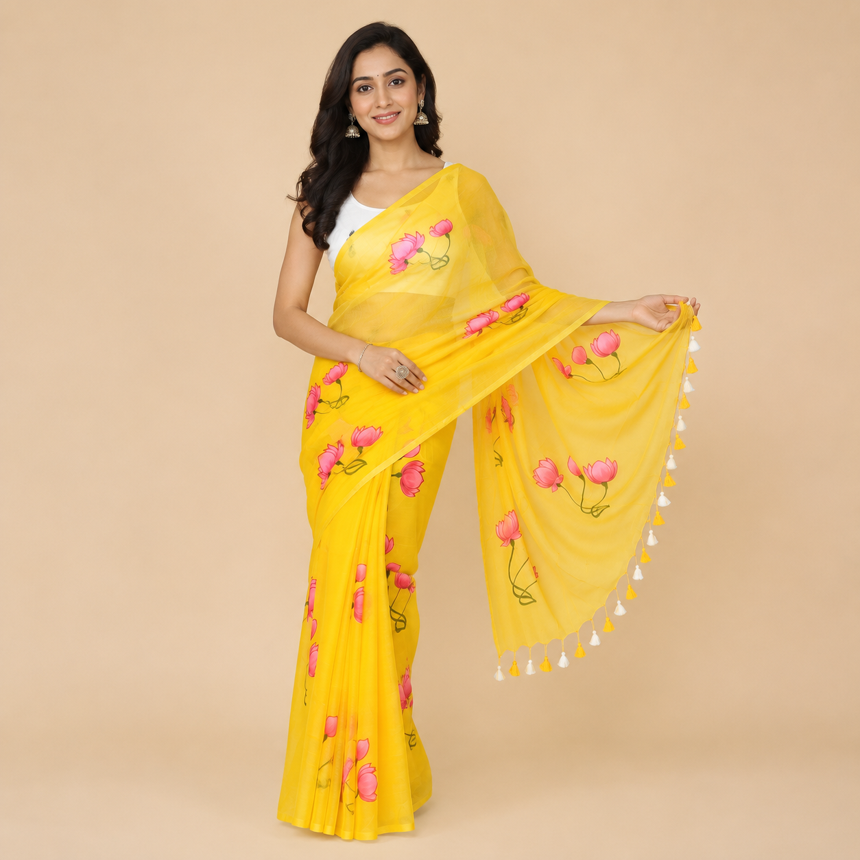 Yellow Lotus Hand Painted Mul Cotton Saree