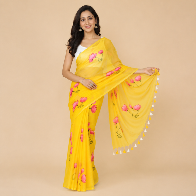 Yellow Lotus Hand Painted Mul Cotton Saree