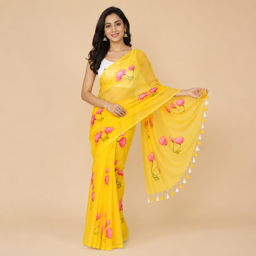 Yellow Lotus Hand Painted Mul Cotton Saree