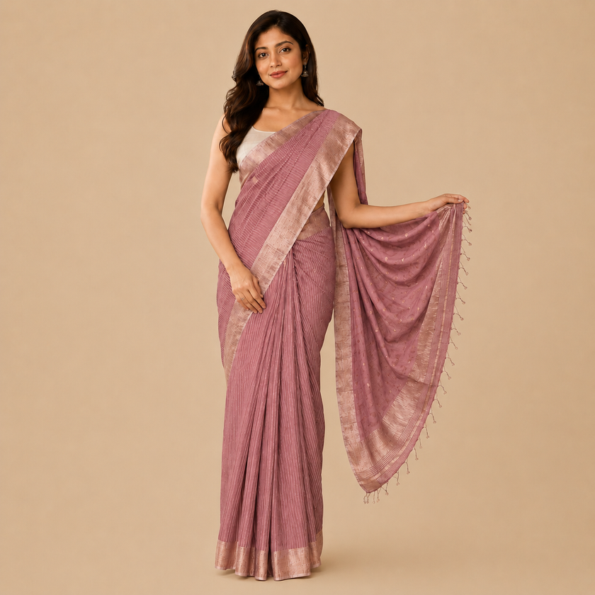 Pink Maheshwari Cotton Silk Handloom Saree with Stripes & Gold Buta