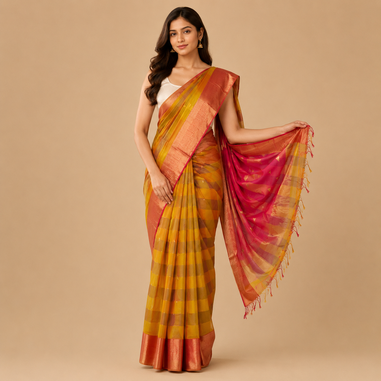 Mustard Yellow Handloom Ikat Pattern Cotton Silk Maheshwari Saree with Buta Motifs