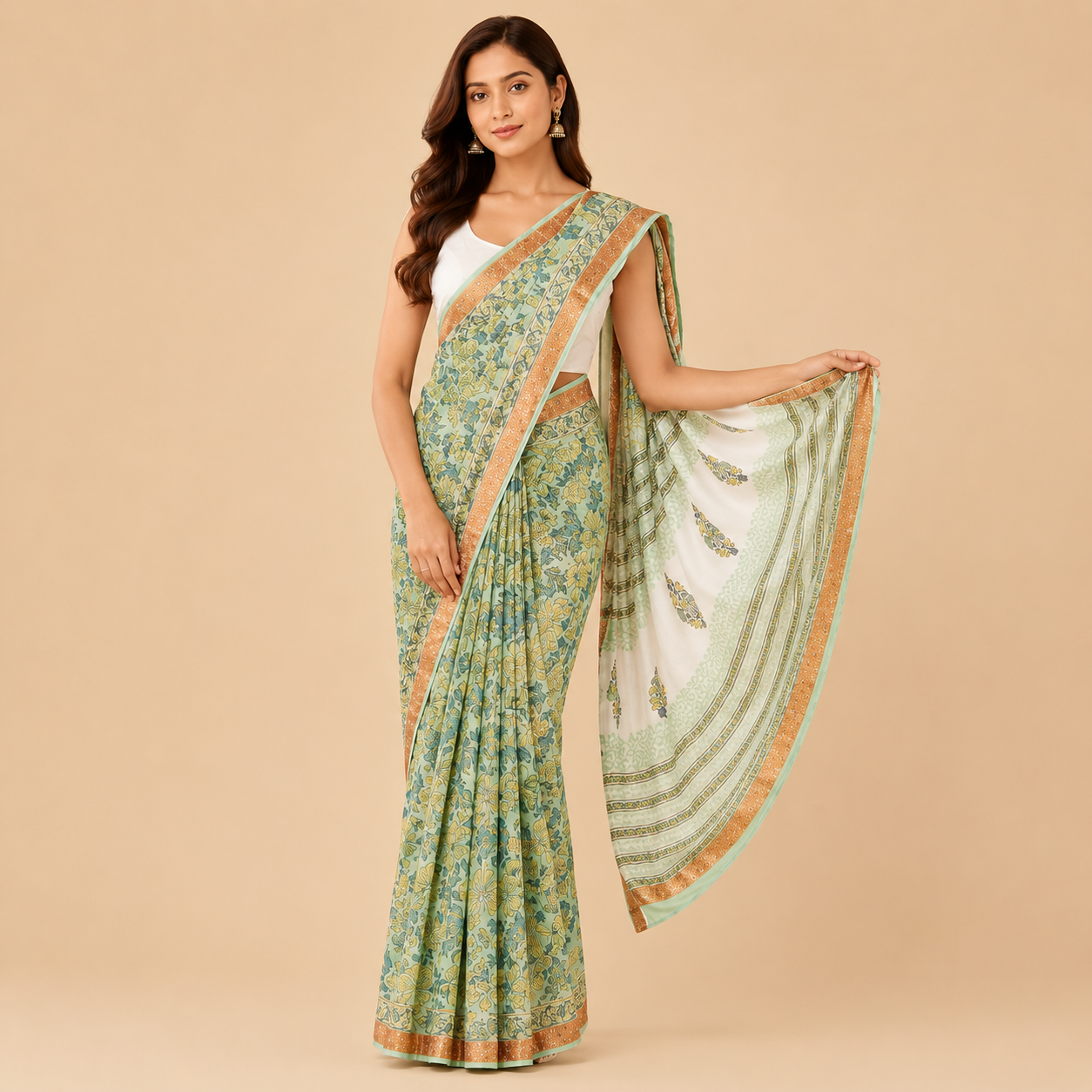 Green Hand Print Silk Cotton Handloom Saree with Jari Border