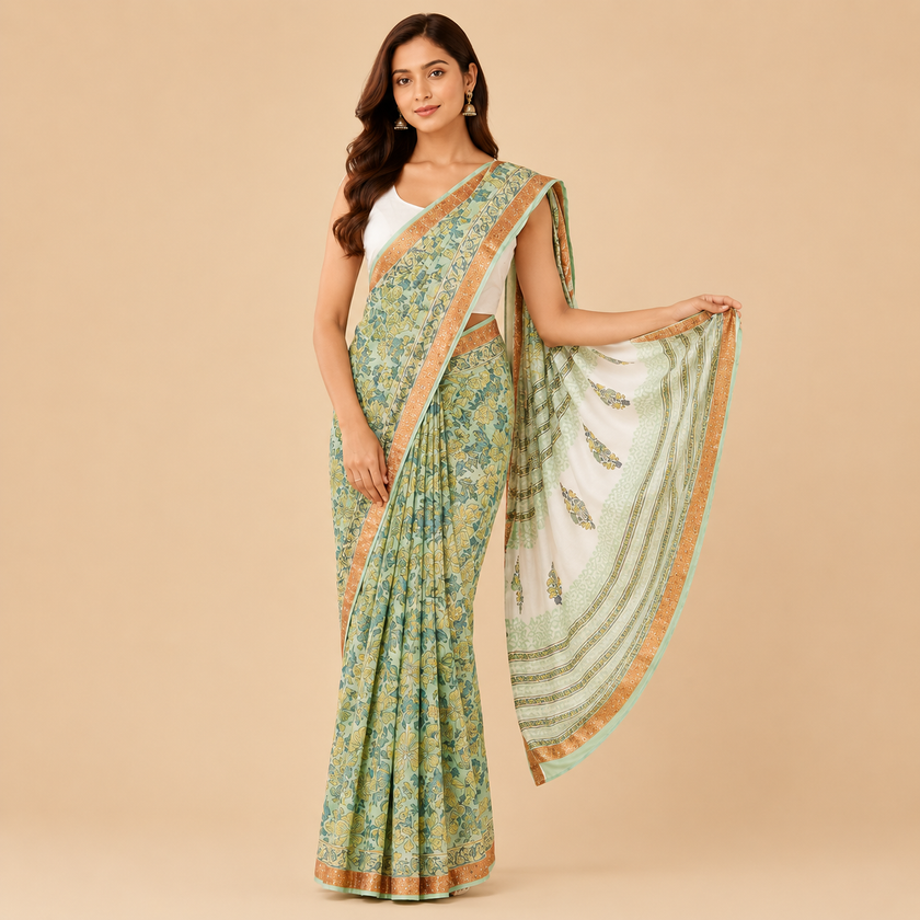 Green Hand Print Silk Cotton Handloom Saree with Jari Border