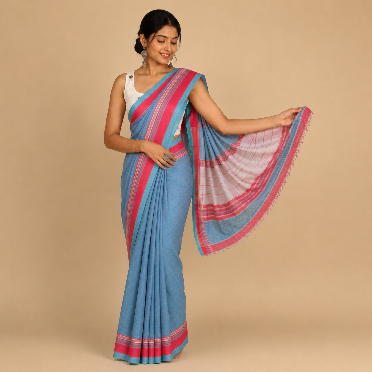 Red Blue Anne Hejje Traditional Cotton Handloom Saree