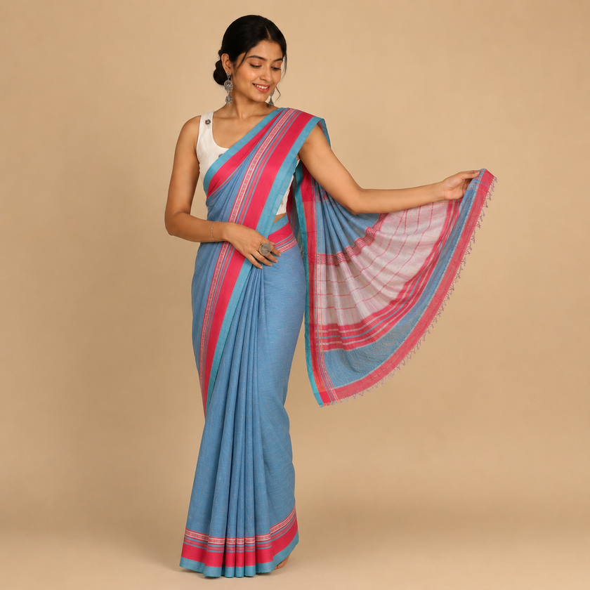 Red Blue Anne Hejje Traditional Cotton Handloom Saree