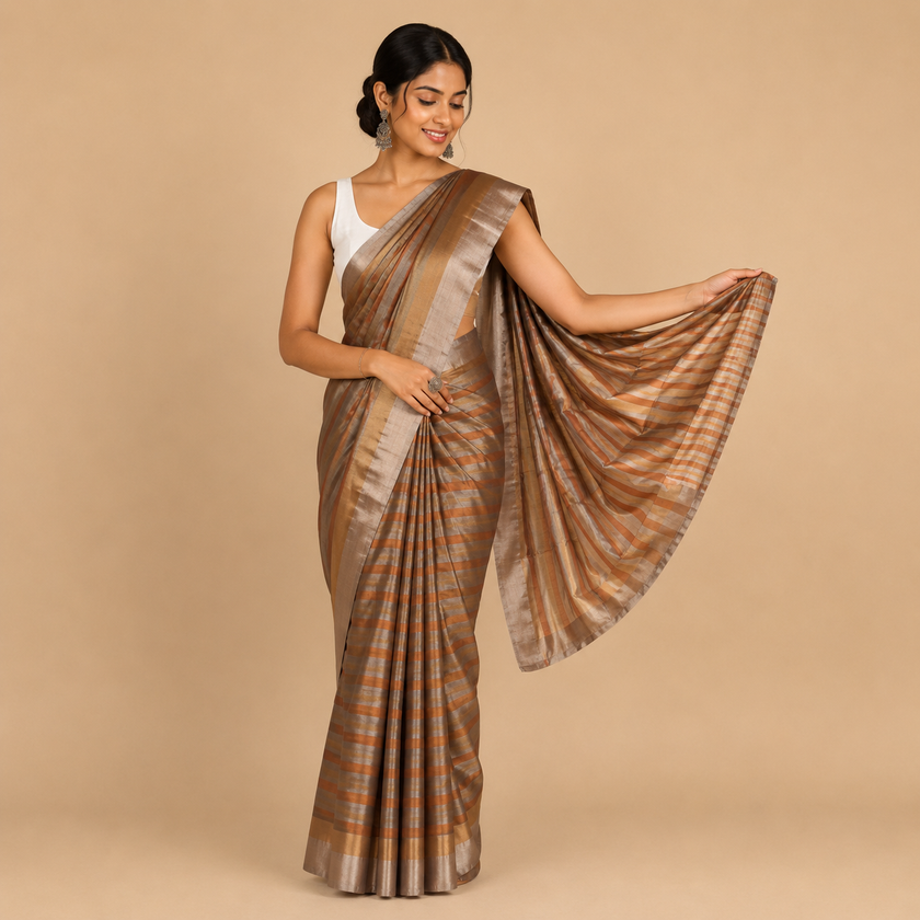 Gold Silver Tissue Cotton Chanderi Handloom Saree