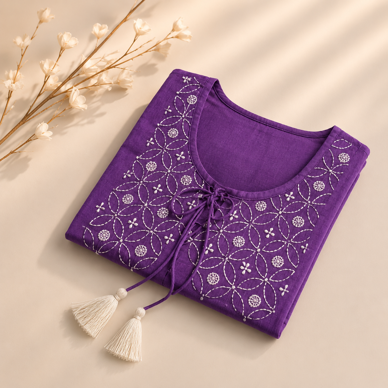 Purple Floral Chikankari Hand Embroidered Mul Cotton Top