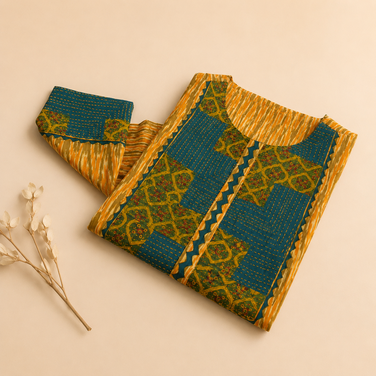 Yellow Hand Embroidered Cotton Ikkat Kurta with Kantha Work