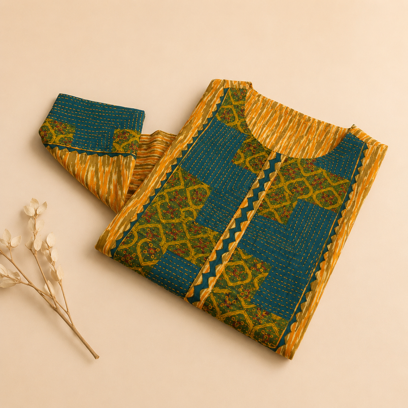 Yellow Hand Embroidered Cotton Ikkat Kurta with Kantha Work