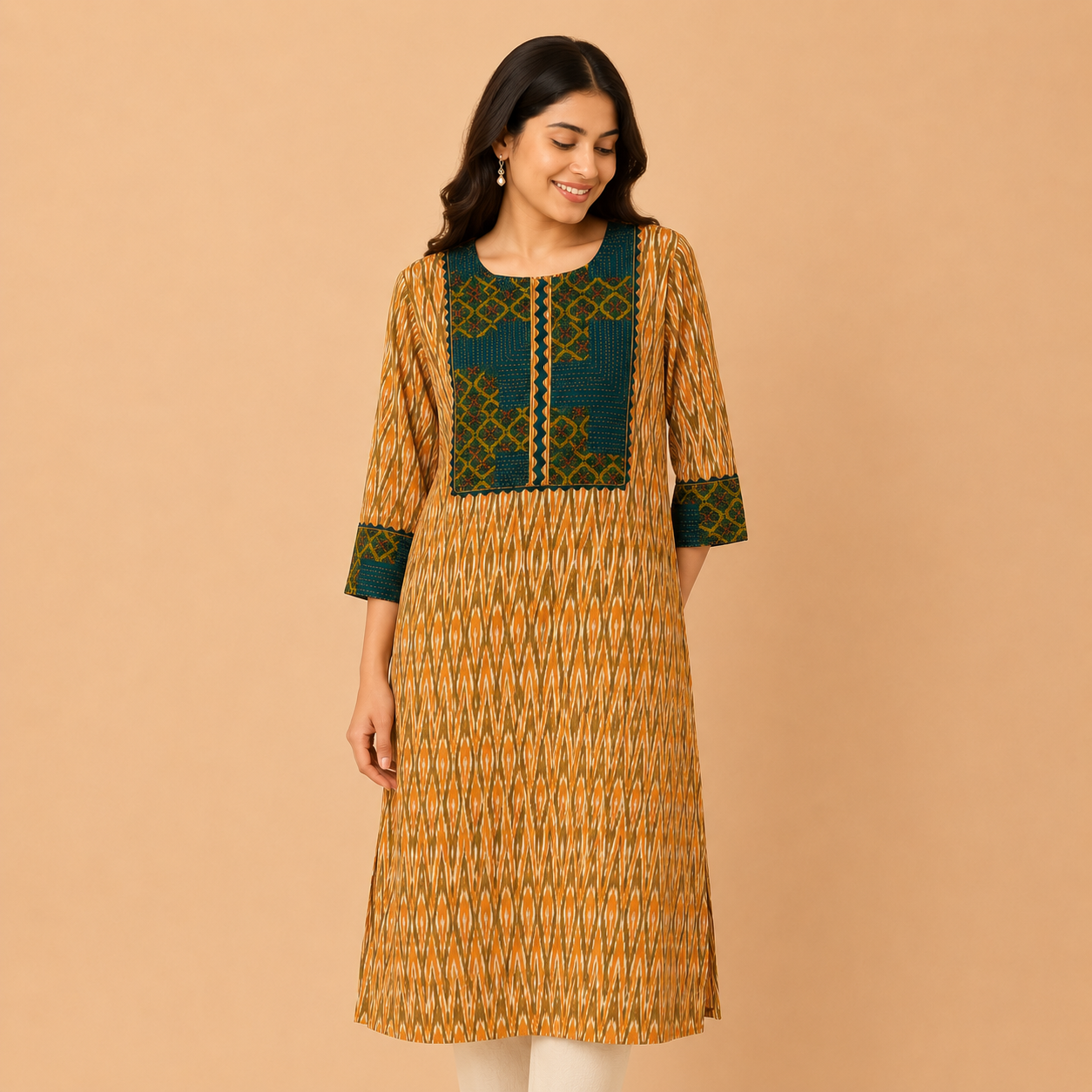 Yellow Hand Embroidered Cotton Ikkat Kurta with Kantha Work