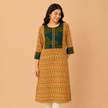 Yellow Hand Embroidered Cotton Ikkat Kurta with Kantha Work