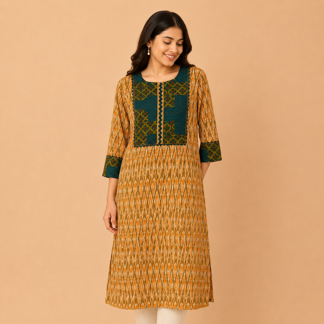 Yellow Hand Embroidered Cotton Ikkat Kurta with Kantha Work