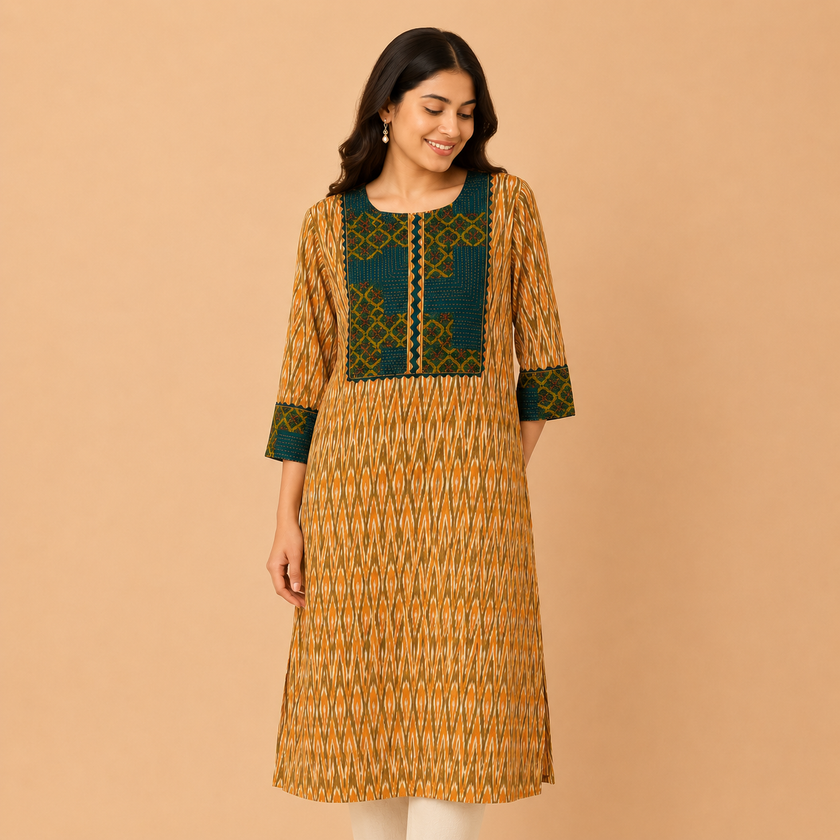Yellow Hand Embroidered Cotton Ikkat Kurta with Kantha Work