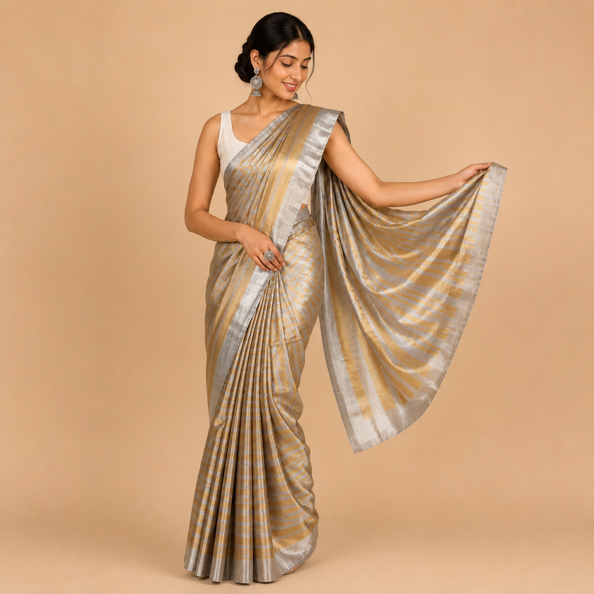 Gold Silver Stripe Tissue Cotton Chanderi Handloom Saree