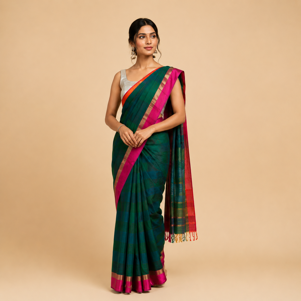 Green Handloom Ikat Pattern Maheshwari Cotton Silk Saree