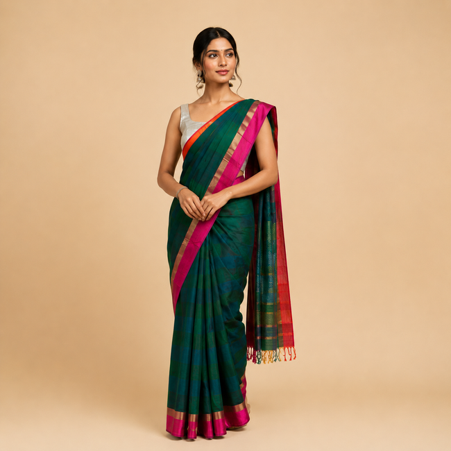 Green Handloom Ikat Pattern Maheshwari Cotton Silk Saree