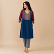 Navy Blue Hand Embroidered Printed Cotton Kurta with Kantha Embroidery