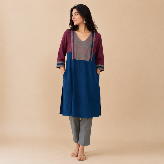 Navy Blue Hand Embroidered Printed Cotton Kurta with Kantha Embroidery