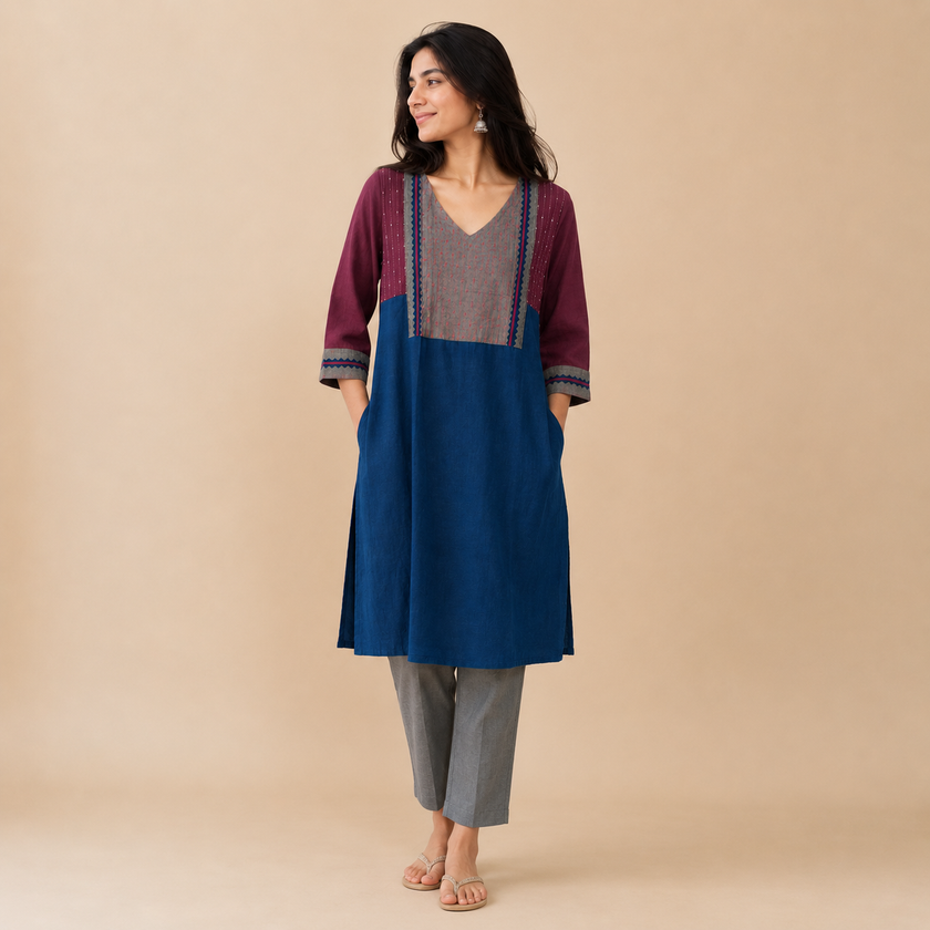 Navy Blue Hand Embroidered Printed Cotton Kurta with Kantha Embroidery