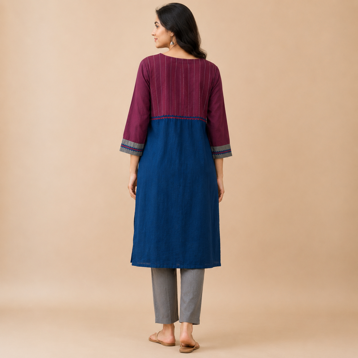 Navy Blue Hand Embroidered Printed Cotton Kurta with Kantha Embroidery