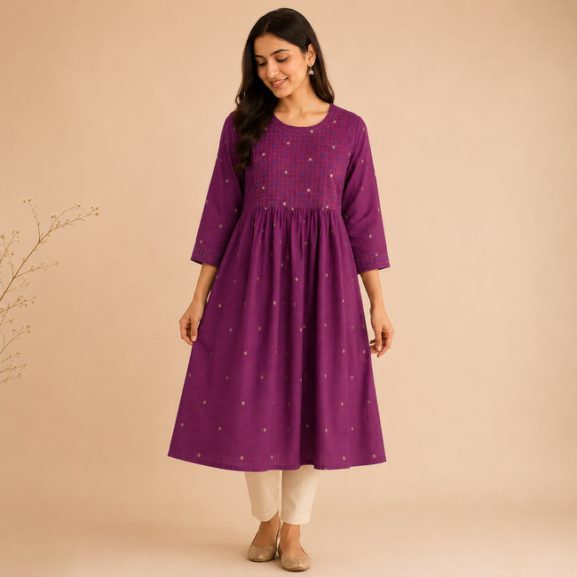 Purple Hand Embroidered Cotton Kurta