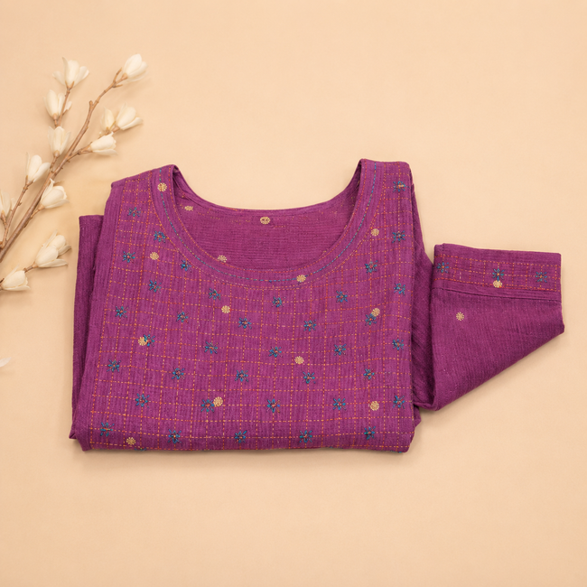 Purple Hand Embroidered Cotton Kurta