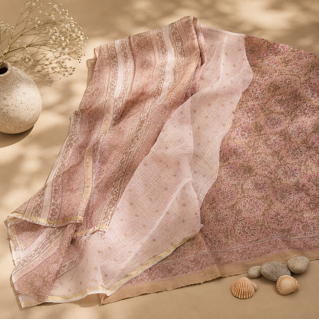 Pink Brown Kota Doria Cotton Saree