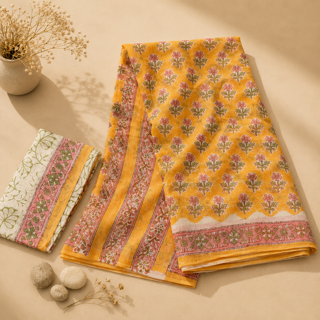 Bright Yellow Handblock Print Cotton Saree