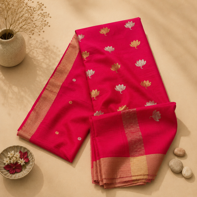 Pink Handloom Chanderi Cotton Silk Saree with Lotus Buta