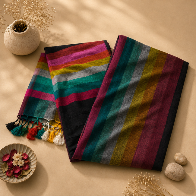 Multicolor Checks Black Mul Cotton Handloom Saree