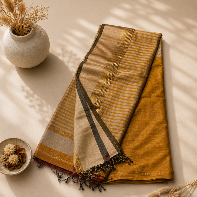 Yellow Handloom Maheshwari Cotton Silk Handloom Saree