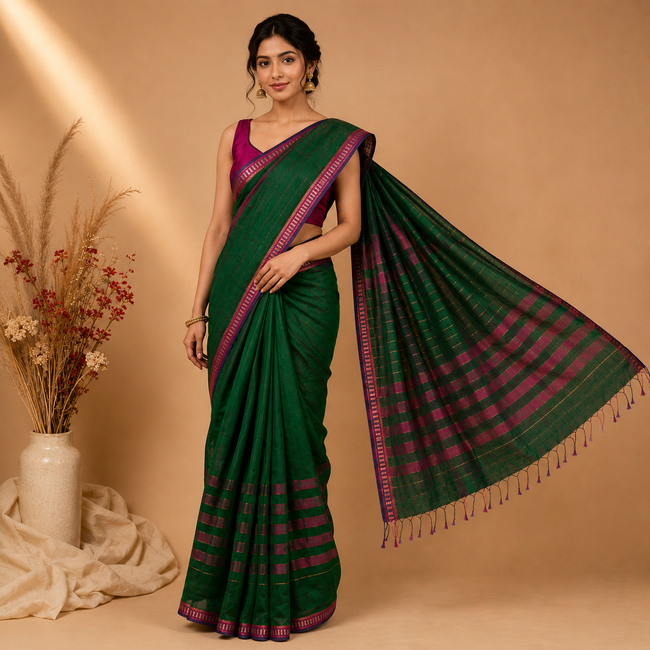Green Handloom Cotton Silk Maheshwari Saree