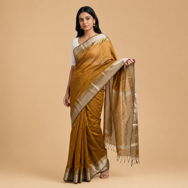 Yellow Handloom Maheshwari Cotton Silk Handloom Saree
