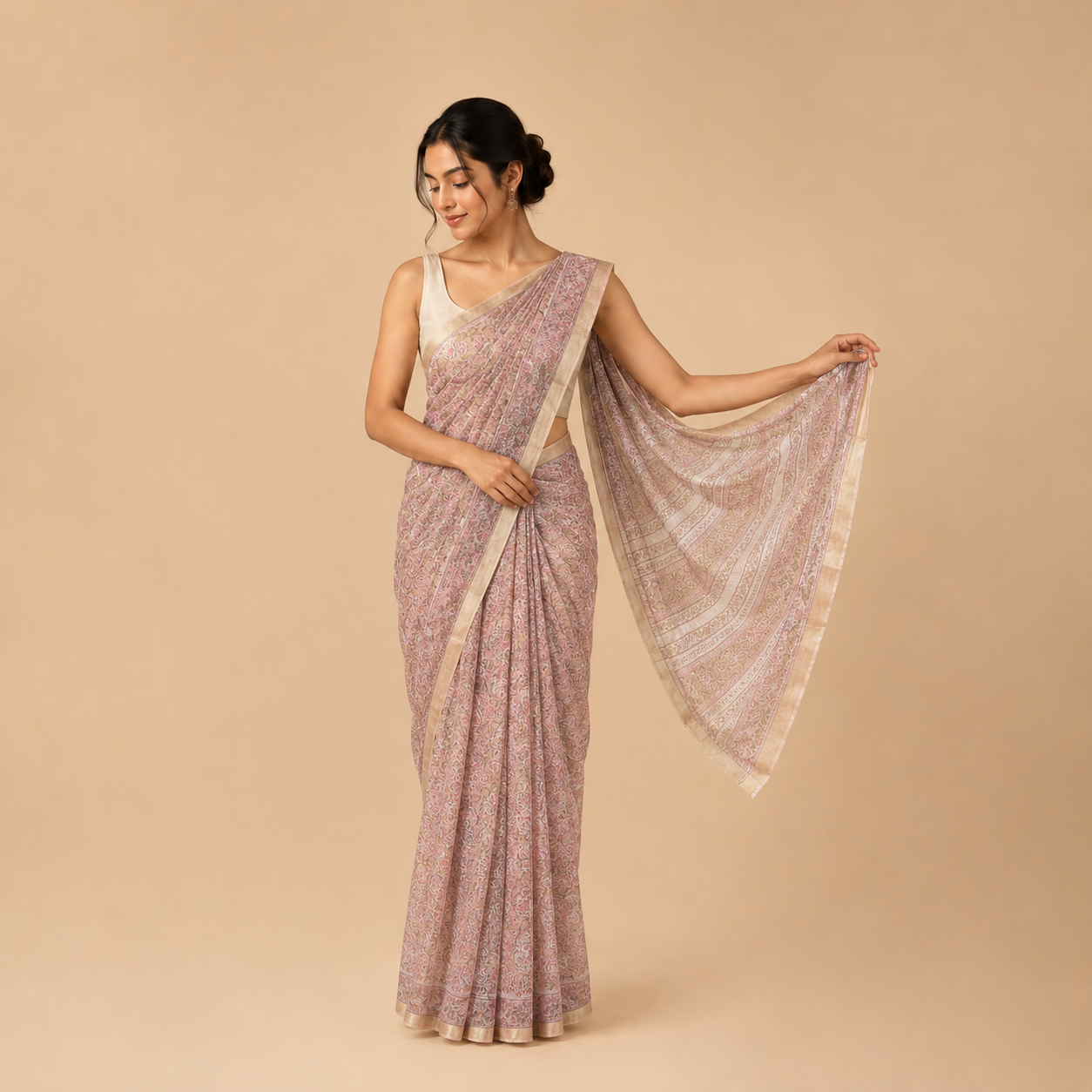 Pink Brown Kota Doria Cotton Saree