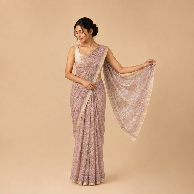 Pink Brown Kota Doria Cotton Saree