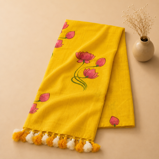Yellow Lotus Hand Painted Mul Cotton Saree
